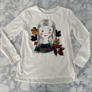 ZARA Girls Kids Be Nice graphic print fall leaves white long sleeve cotton shirt